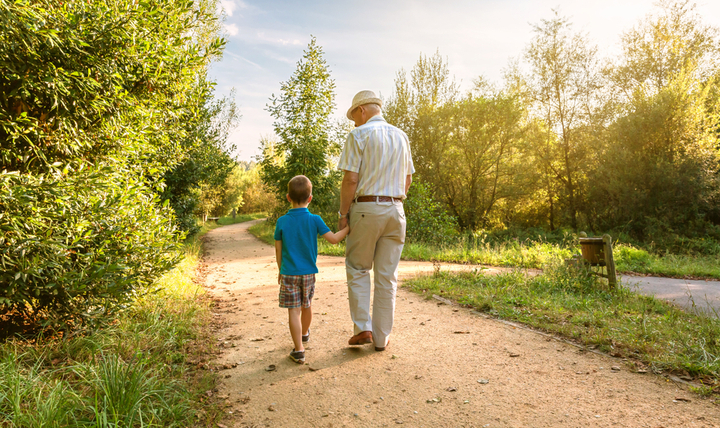 A grandfather and grandchild walking through a park.